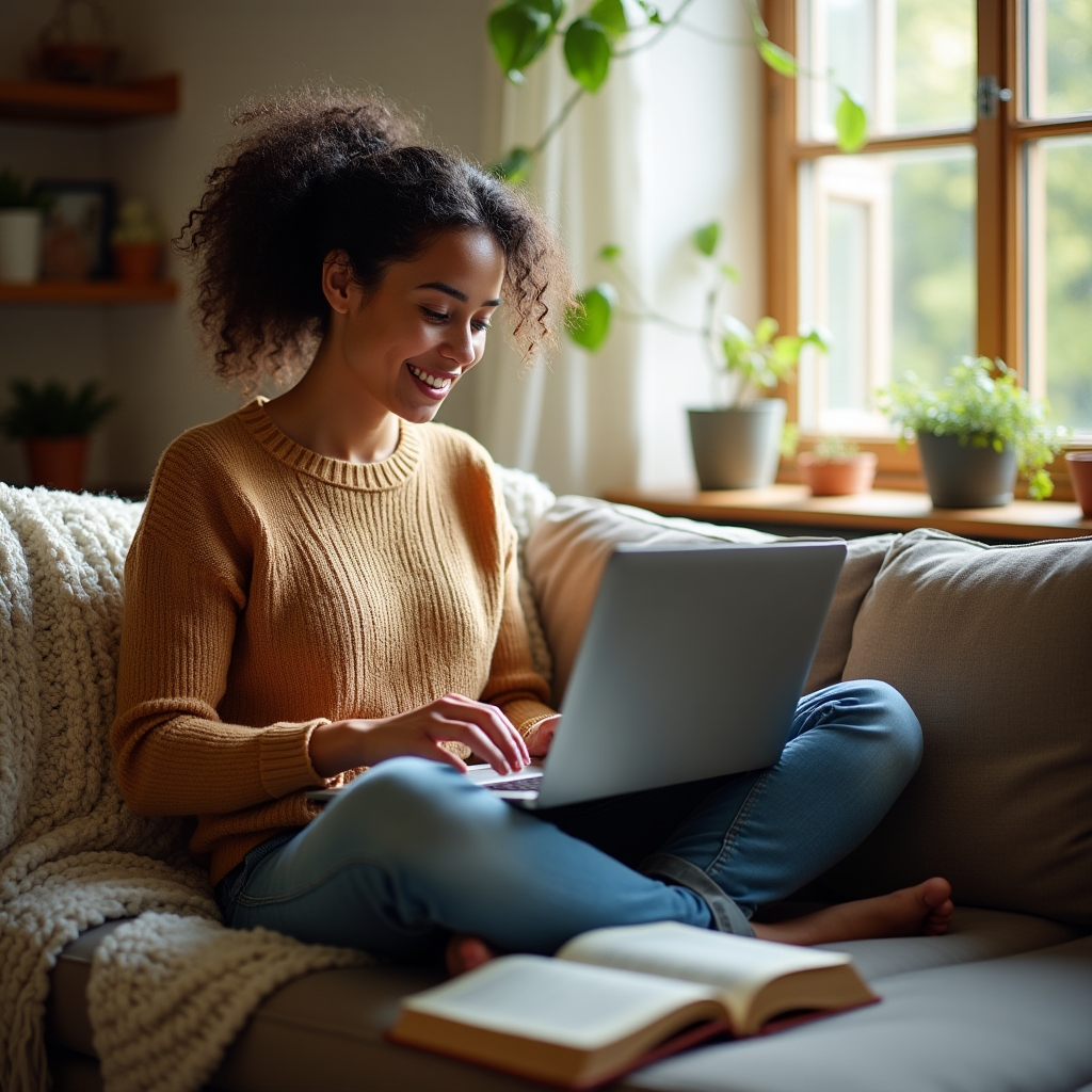 Young woman studying science communication materials on a laptop at a cozy home setup