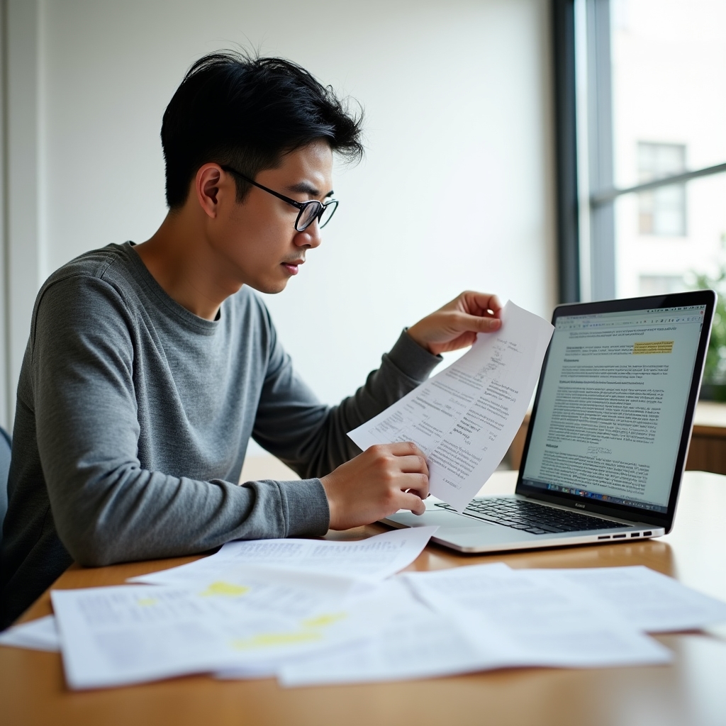 Person cross-referencing scientific journal articles on a laptop with printed papers spread nearby