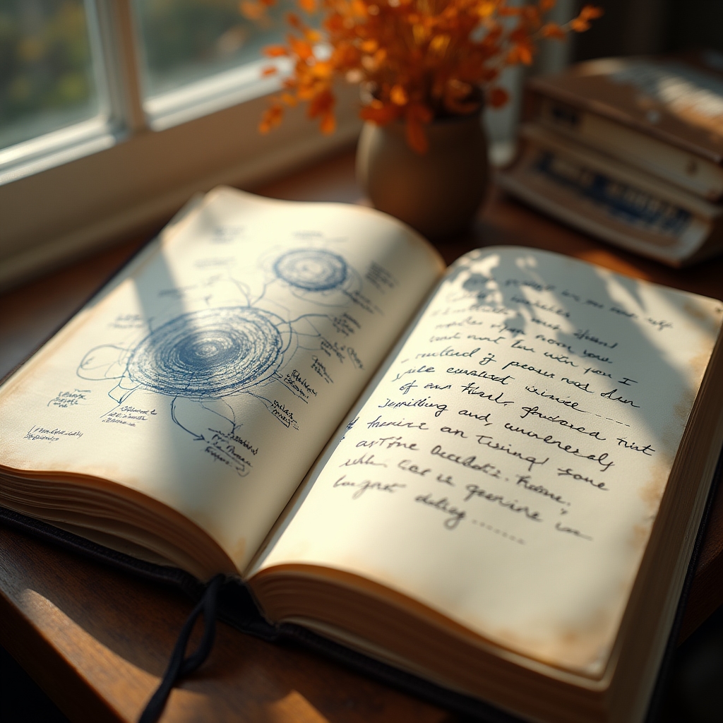 Science enthusiast sketching diagrams and notes in a worn journal at a sunlit table