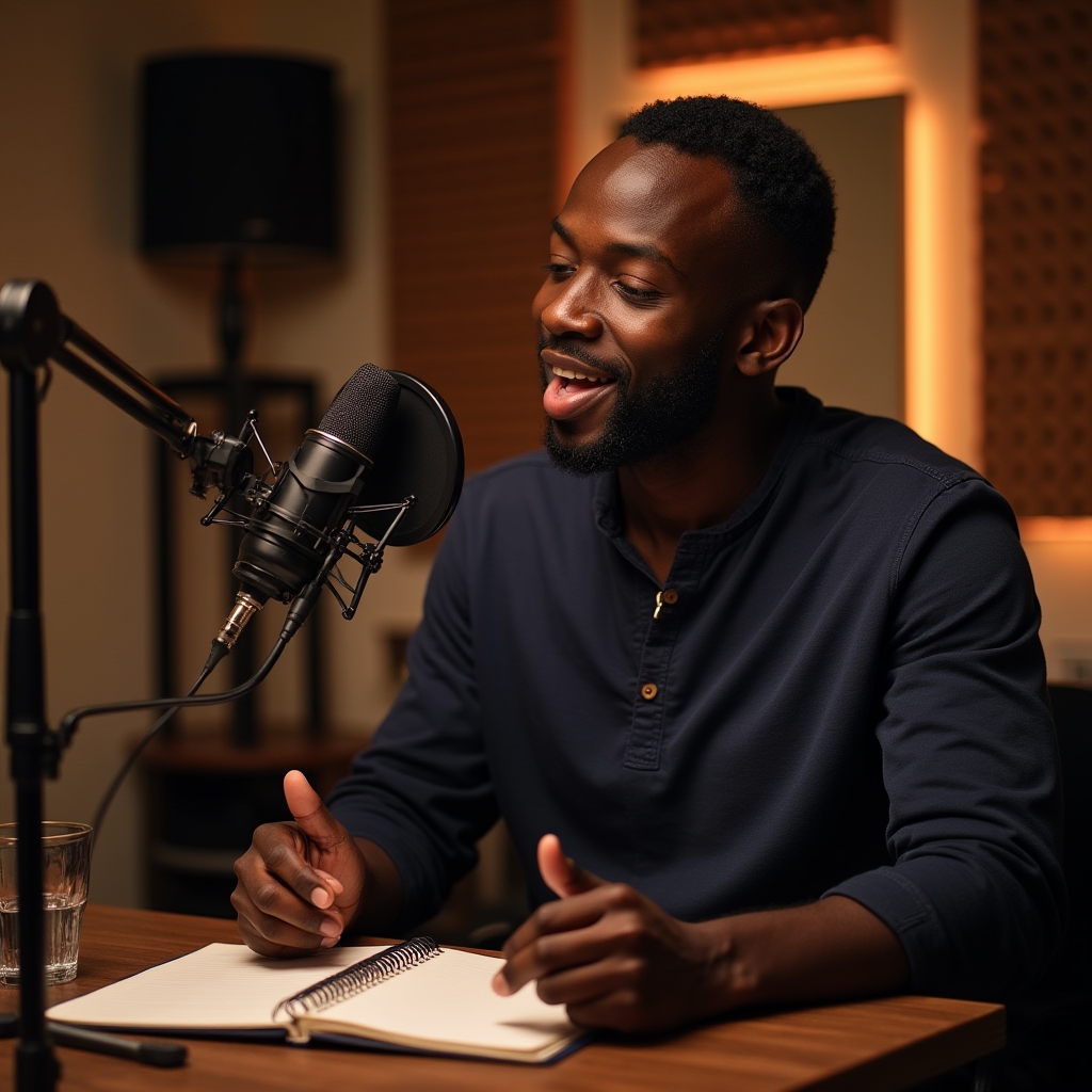 Man recording a science podcast in a home studio with microphone and notebook open